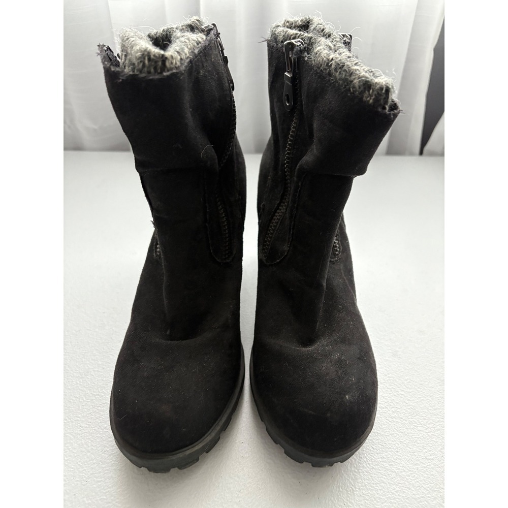 Black Faux Suede Ankle Boots Chunky Heel Side Zip Knit Cuff Women's Size 10